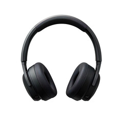 Pair of black headphones with a black band on transparent background