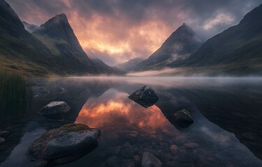 Lake Reflection with Rocky Shoreline and Dramatic Mountain Views at Dawn