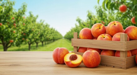 Ripe Peaches in a Wooden Crate on a Wooden Table