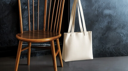 A wooden chair sits next to a white bag. generated using AI