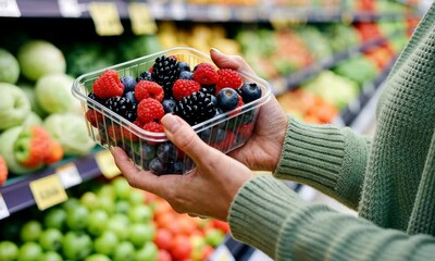 Person holding container of fresh berries in supermarket produce aisle