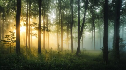 Obraz premium Enchanted Sunrise in a Misty Forest: A Serene Dawn Among the Trees
