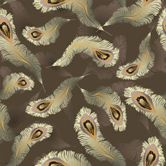 Elegant seamless pattern featuring delicate white and gold peacock feathers on a muted brown background. Perfect for digital designs, wallpapers, and textiles.