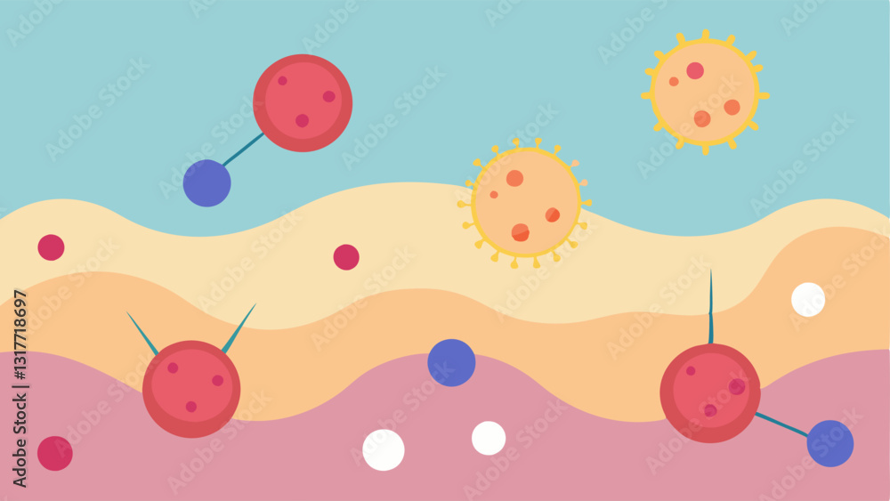 Poster skin cell interaction a visual of skin cells with tiny nanoparticles surrounding them emphasizing th