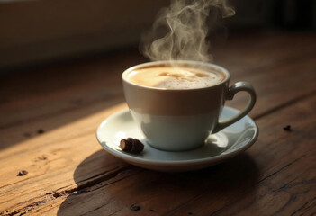 Obraz premium cup of coffee on wooden table