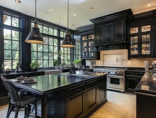 An elegant and modern black kitchen with large windows