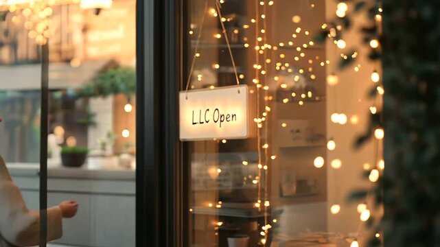 Boutique Owner Hanging LLC Open Sign with Twinkling Fairy Lights