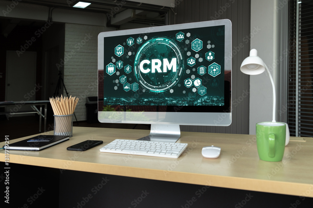 Poster customer relationship management system on modish computer for crm business and enterprise