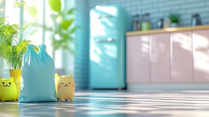 Sunny kitchen interior with cute cartoon cat figurines and a light blue bag near potted plants.