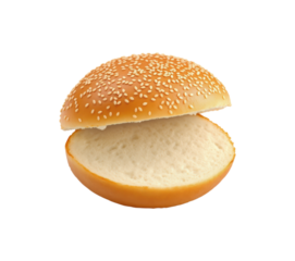 Empty Sesame Seed Hamburger Bun Split Open Fresh Golden Brown Bakery Bread Fast Food Restaurant Style Sandwich Roll Isolated on Transparent and White Background