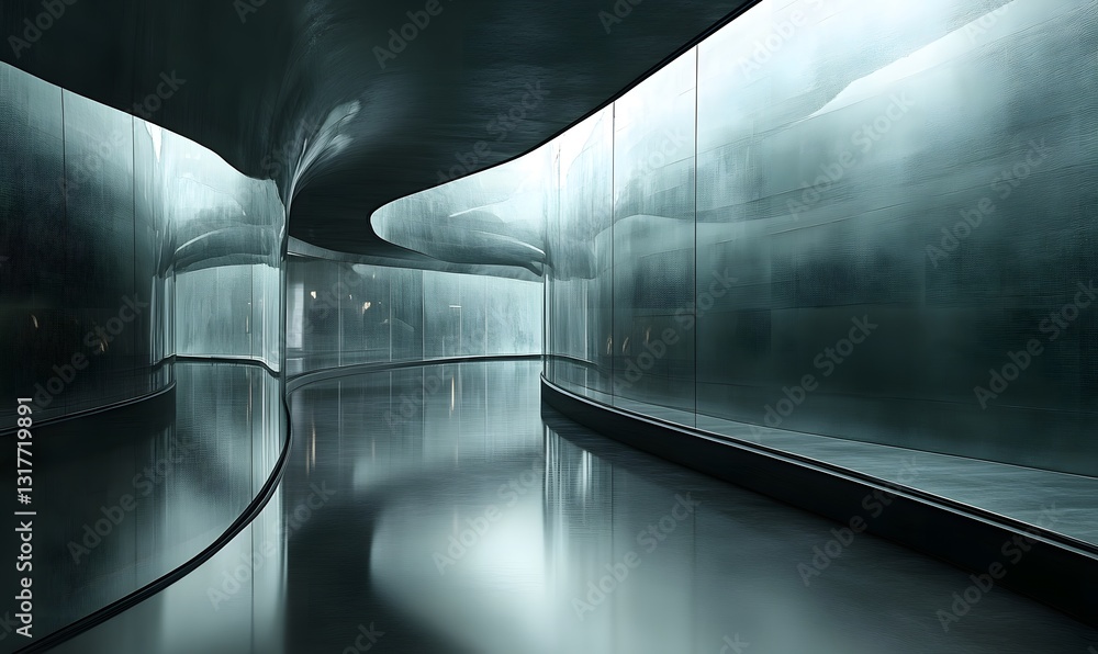Poster abstract futuristic architecture with curving walls and reflective floor