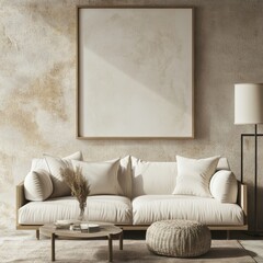 A serene living room featuring neutral tones and a modern design