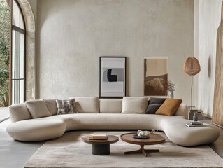 A modern living room featuring a large curved sofa and art