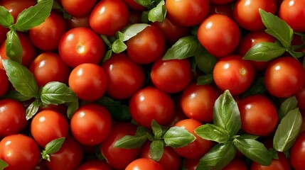 Close-up of ripe red cherry tomatoes and fresh basil leaves. © Kagami