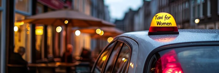 A taxi with a yellow sign that says Tax for Women. The taxi is parked in front of a restaurant. Special taxi for women. Only for women. Safe taxi. Woman driver.
