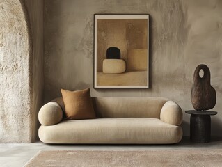 A modern living room featuring an abstract artwork and comfortable seating