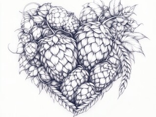 Fototapeta premium Hop heart, botanical drawing, craft beer ingredient, white background