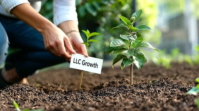 Businesswoman planting a tree with LLC Growth sign
