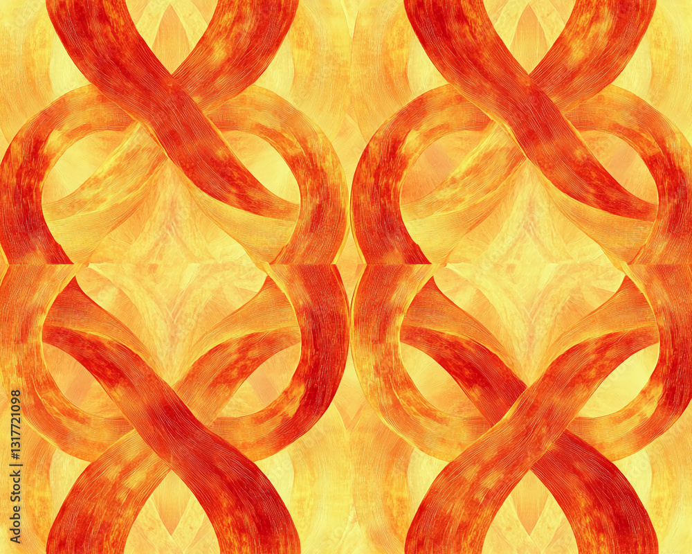 Poster abstract artwork featuring interwoven orange and yellow curves creating a textured, dynamic design, 