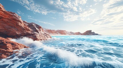 Rocky coast, ocean waves, sunset sky, travel, postcard