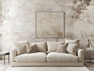 A modern living room features a sofa and framed art