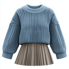 Dusty blue, oversized, ribbed knit sweater, featuring a relaxed fit and a crew neckline, styled with a dark beige pleated mini skirt.2