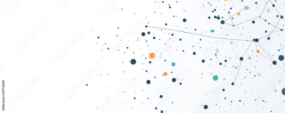 Poster interconnected dots and lines representing the network effect in technology with blue, orange, green