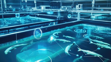 High-tech aquaculture facility showcasing fish in tanks with digital overlays and monitoring systems in the background