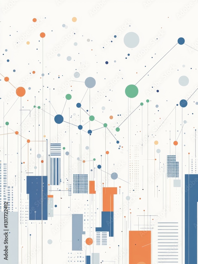 Poster interconnected dots and lines representing the network effect in technology with blue, orange, green