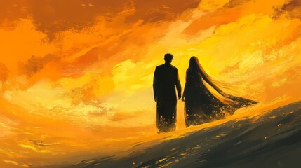 A bride and groom are walking through a white archway. Nikah. Muslim wedding, bride in hijab and grooms. Islamic wedding concept. The archway is decorated with white flowers and leaves. The couple is