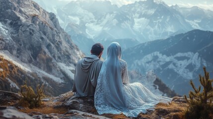 Naklejka premium A bride and groom are sitting on a mountain top. The newlywed couple are standing with their backs to each other. Nikah. Muslim wedding, bride in hijab and groom. Islamic wedding concept.