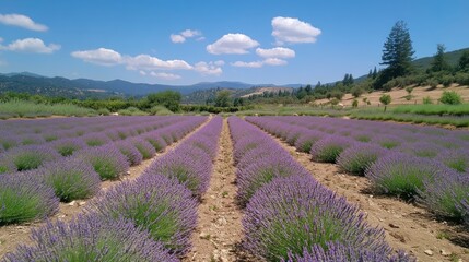 Fototapeta premium Vast lavender field stretches towards the horizon under a bright sky