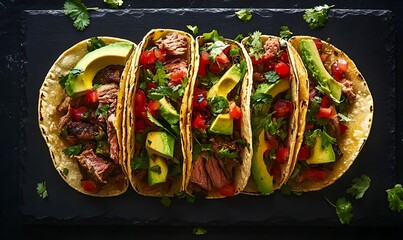 Delicious Beef Tacos with Avocado and Fresh Salsa on a Black Plate