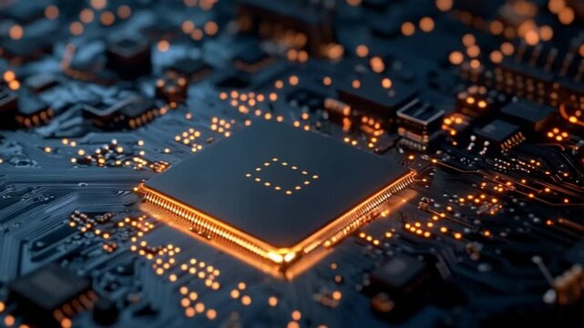 Close-Up of a Modern Processor on an Illuminated Circuit Board