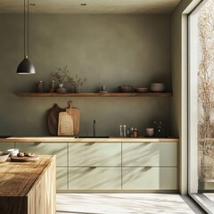 Modern kitchen features wooden surfaces and stylish minimalist design