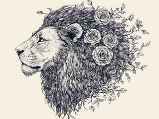Majestic lion profile, roses in mane, nature background, design art