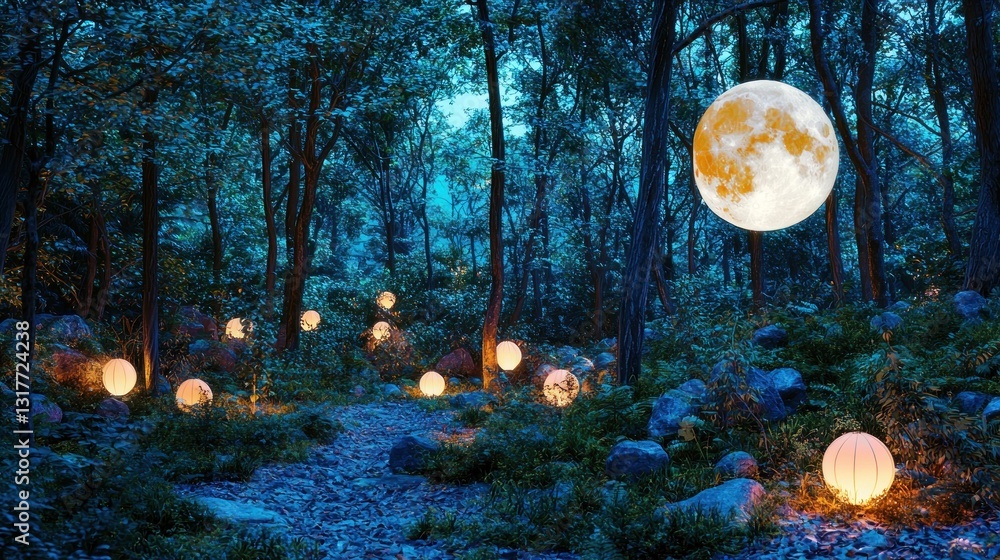 Poster enchanting moonlit forest path with glowing orbs.