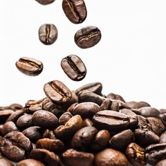 Obraz premium Dynamic Shot of Coffee Beans Falling in the Air Isolated on White Background
