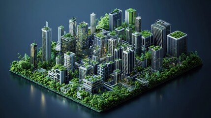 Fototapeta premium A futuristic cityscape with tall buildings and lush green trees.