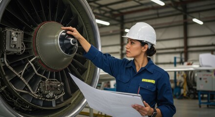 Female Aerospace Engineer Inspecting Aircraft Engine