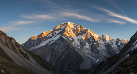 Obraz premium Majestic Sunrise Over the Snowy Peaks of Mountain