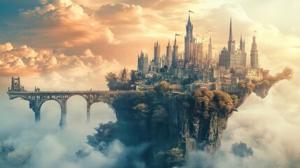 Fototapeta premium A fantastical floating city connected by an arched bridge in the sky