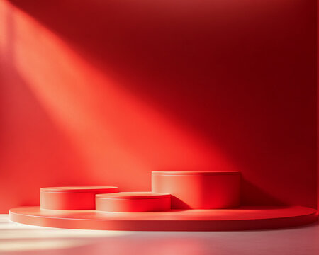 Red cylindrical podiums on a curved red platform against a red wall, bathed in sunlight. Showcase, product display, minimalist design