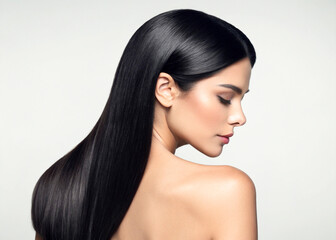 Fototapeta premium Studio shot of beautiful woman with long silky black hair for hair product advertising poster.Macro.AI Generative.