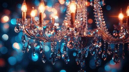 Crystal chandelier glows, party background, elegant event decor