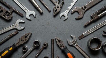 Fototapeta premium Scattered Auto Mechanic Tools on Grey Table