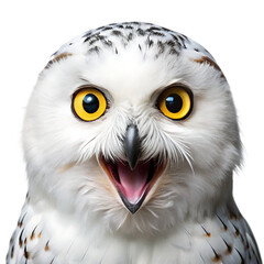 Surprised Snowy Owl with Bright Yellow Eyes and Open Beak - Isolated on White Background as Transparent. PNG. AI GENERATED