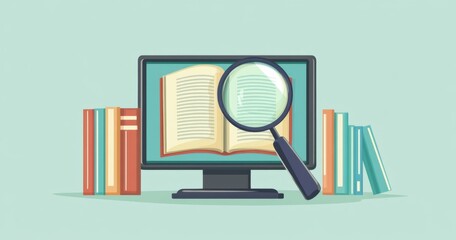 an online English learning platform with a person using a magnifying glass to read a book on a computer screen.