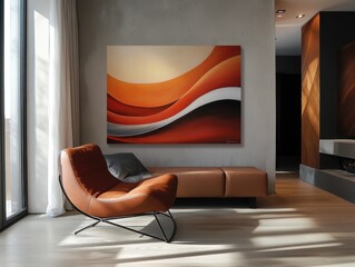 A modern interior shows a contemporary painting and furnishings perfectly