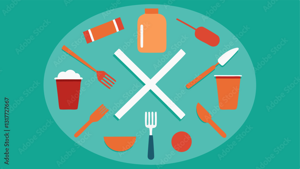 Poster singleuse products a collection of singleuse items like straws plates and utensils arranged in a cir